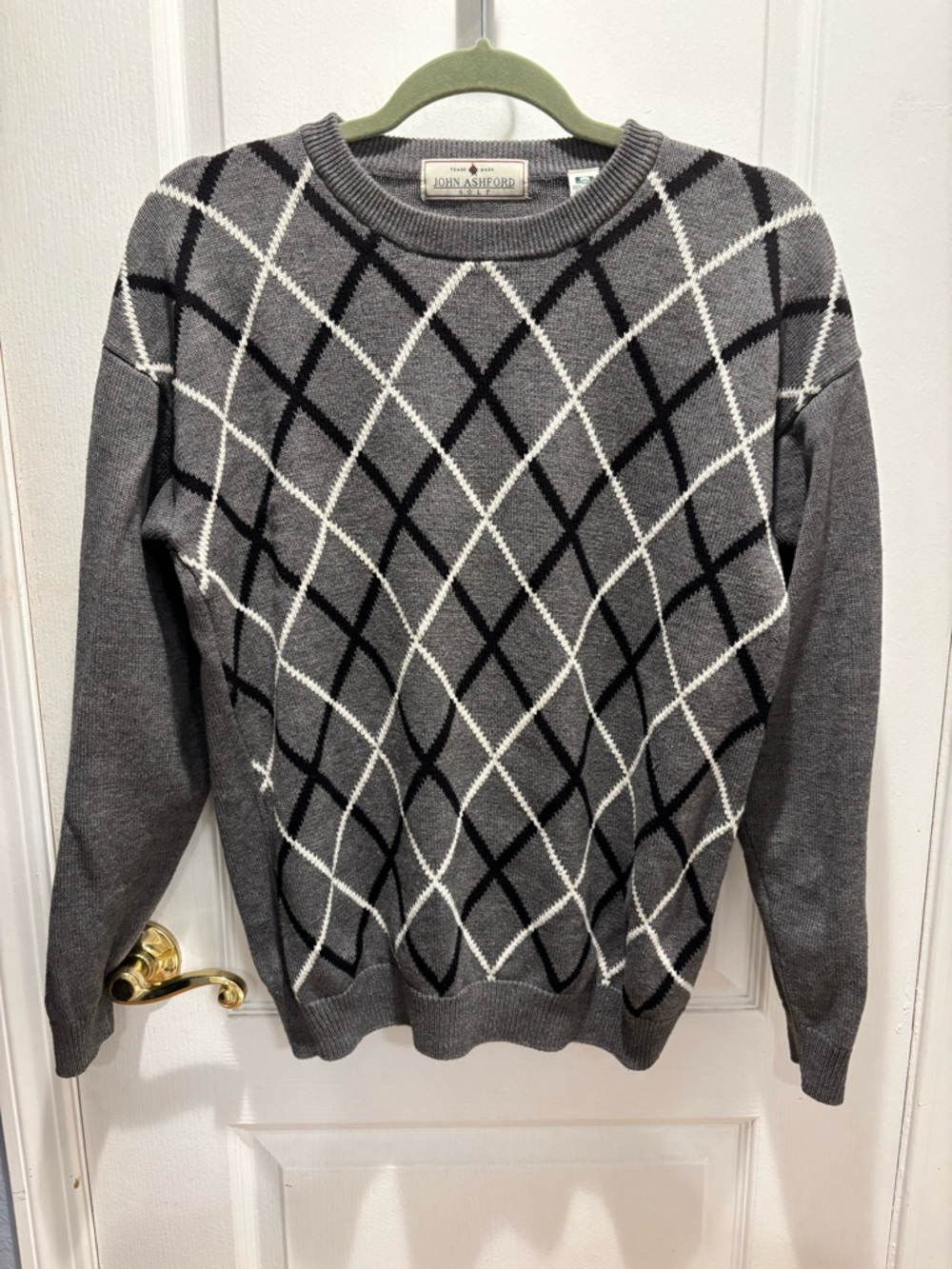 Vintage 90s Golf Sweater Gray Black Argyle Diamond Crewneck Cotton Sweater